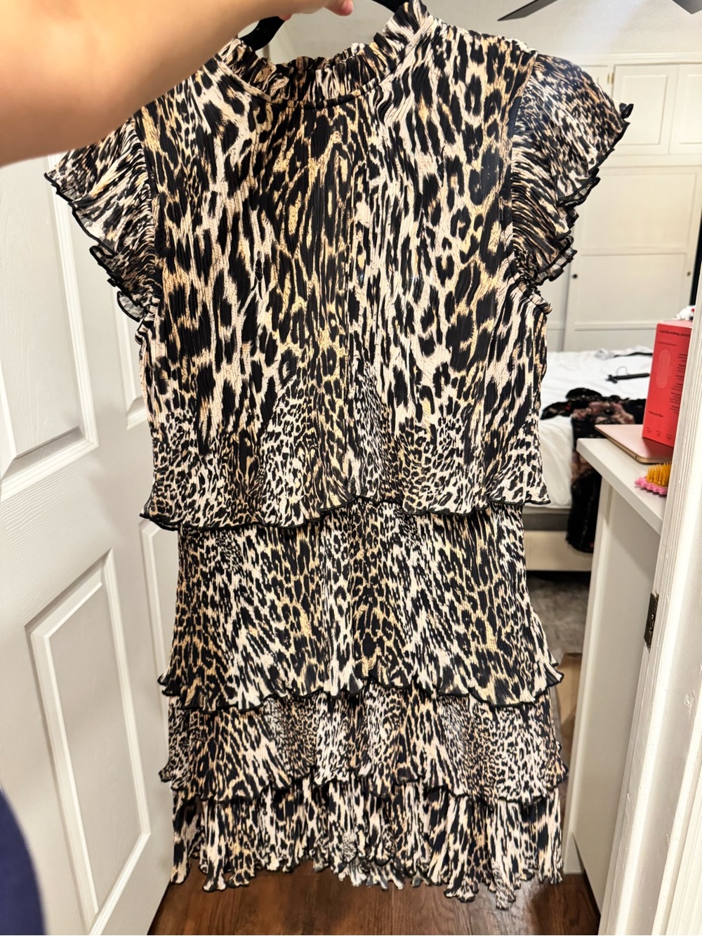 All Saints Leopard-Print Tiered Mini Dress in Black and Cream